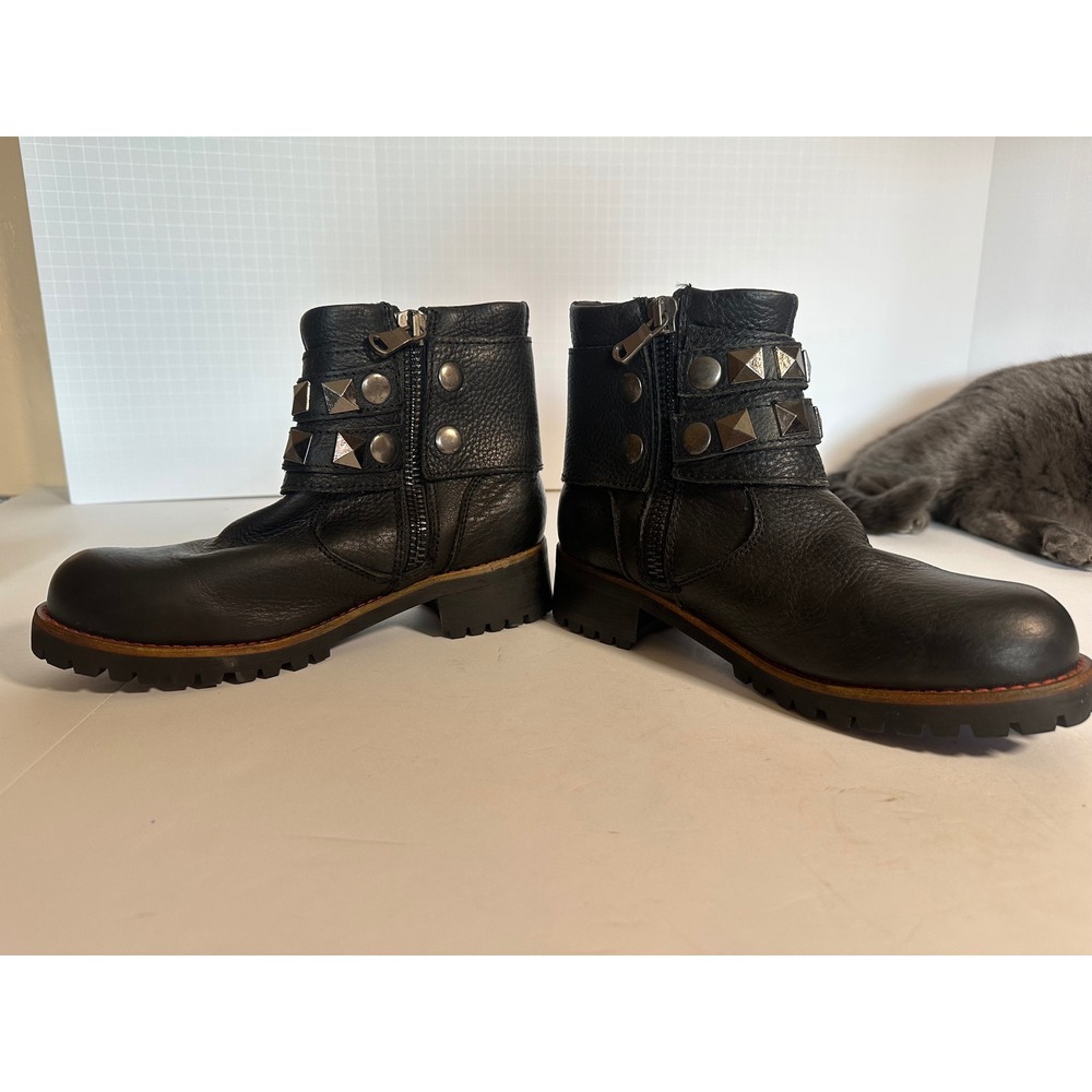 KLR Black Leather Studded Moto Boots Lug Sole Biker punk goth 11021 Womens 8 - Picture 3 of 14